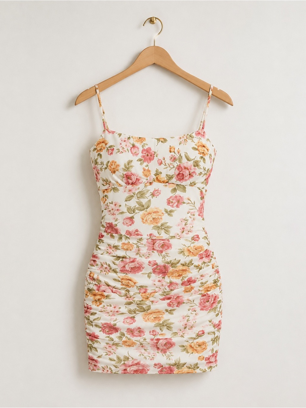 Floral Spaghetti-Strap Bodycon Dress - Pink & Cream